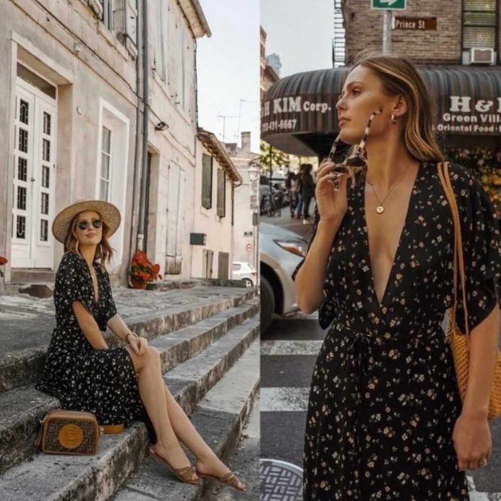 REFORMATION Winslow Black Floral Maxi Wrap Dress Kimono French Girl BOHO M L NEW - Picture 4 of 10